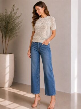 Varley Alba Knit Top Cream Open Knit Short Sleeve XS